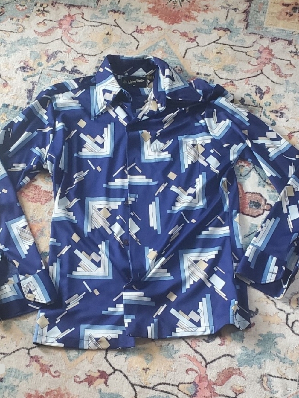 Johnny Miller Geometric Print Blue Button-Up Shirt NWOT